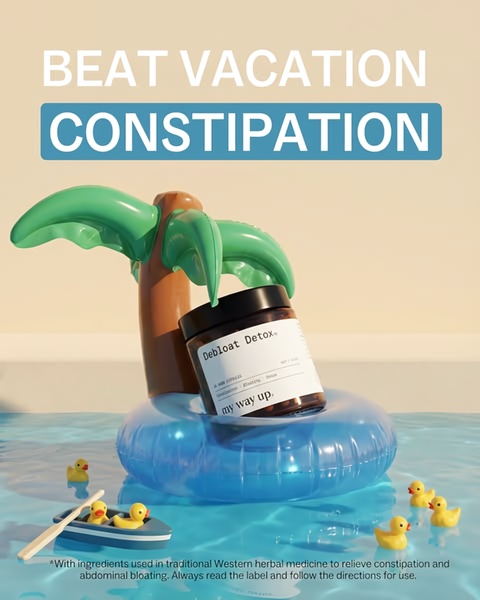 A clever 4:5 ratio ad creative using a palm tree pool float and rubber ducks to visually represent relief from digestive discomfort during travel.